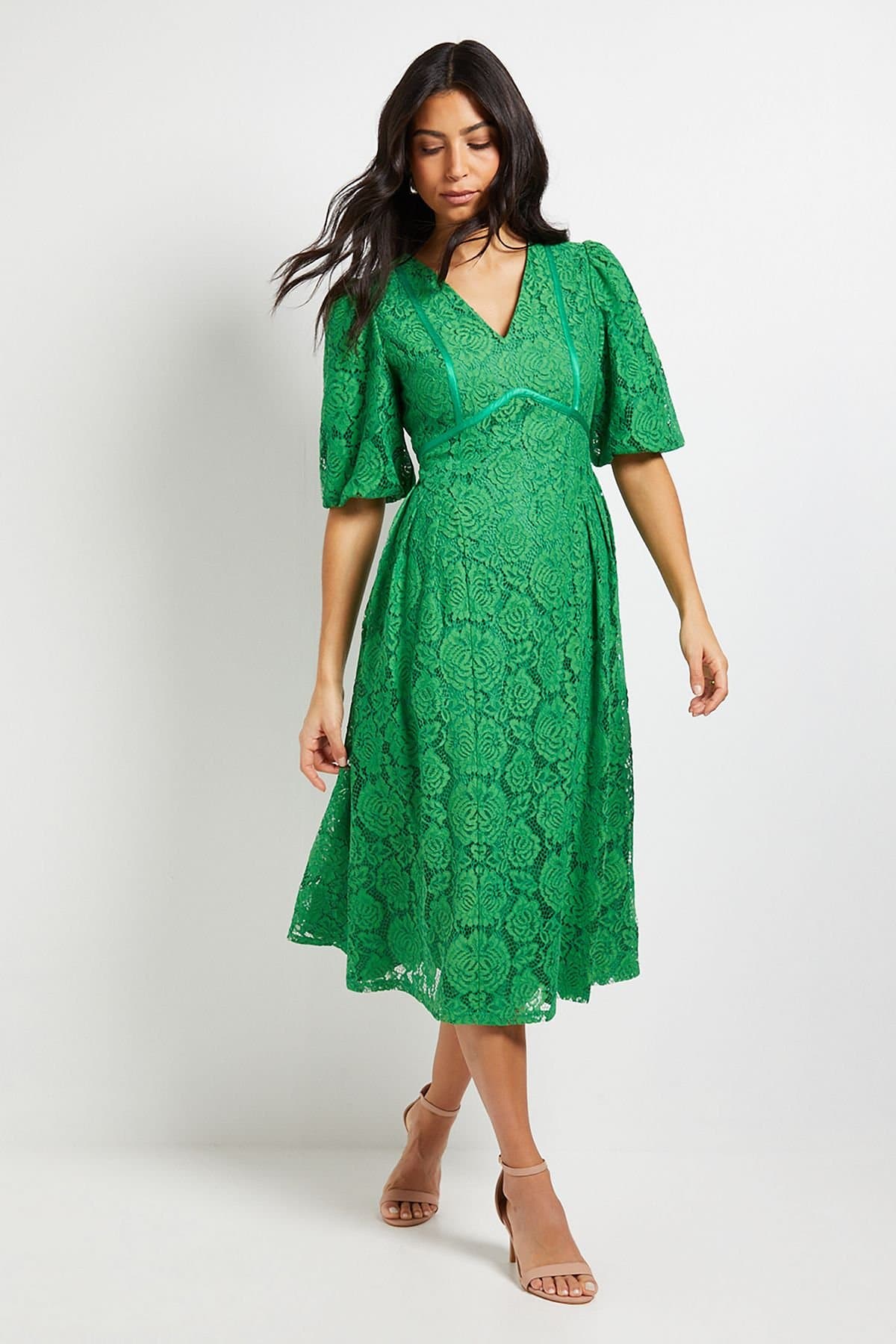 Wallis Wallis Women's Lace Puff Sleeve Midi Dress in Green