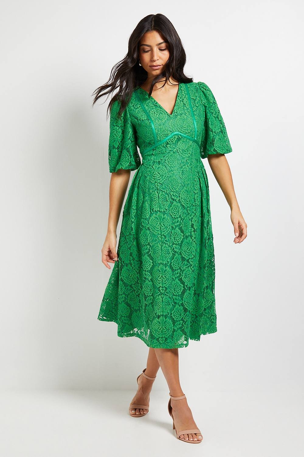 Wallis Wallis Women's Lace Puff Sleeve Midi Dress in Green - 2