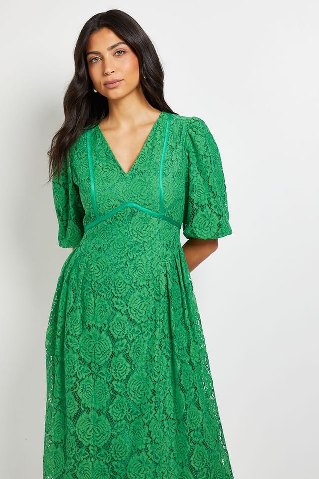 Wallis Wallis Women's Lace Puff Sleeve Midi Dress in Green - 2