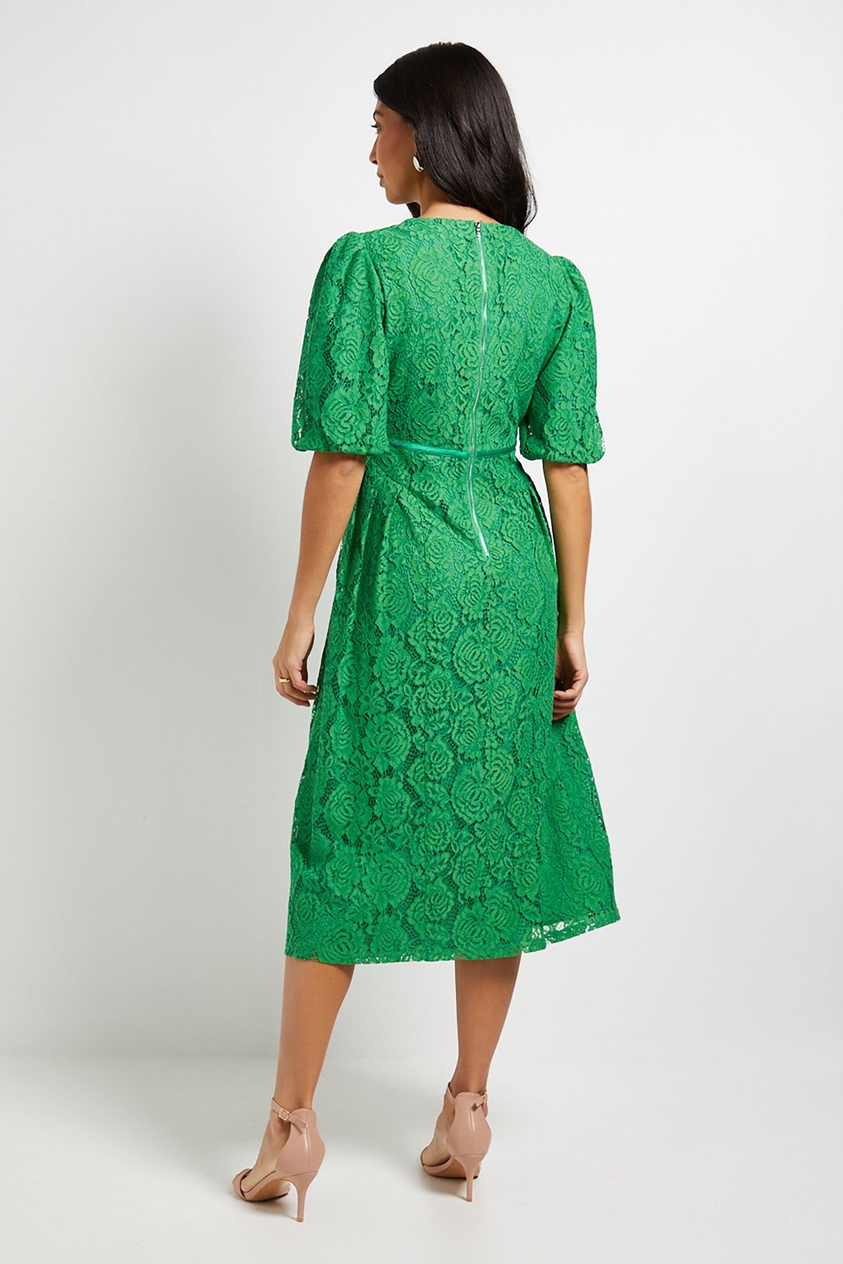 Wallis Wallis Women's Lace Puff Sleeve Midi Dress in Green - 3