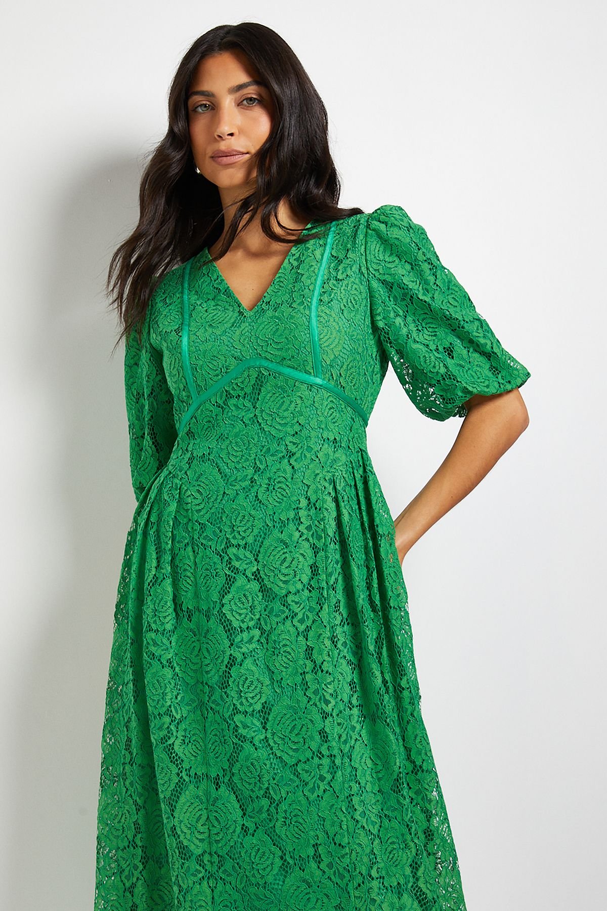 Wallis Wallis Women's Lace Puff Sleeve Midi Dress in Green - 4