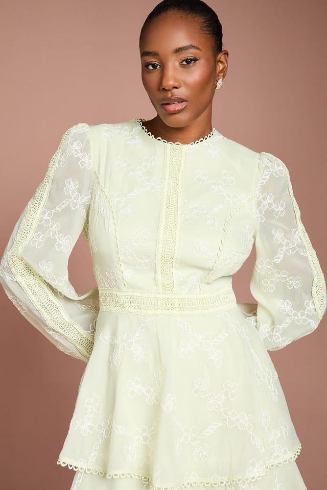 Coast Coast Women's Lace Trim Embroidered Mesh Midi Dress in Sage - 2