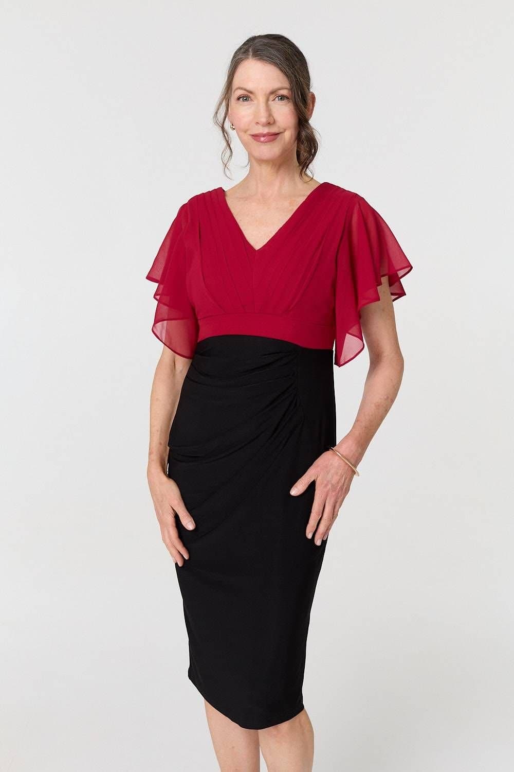 Izabel London Izabel London Women's Colour Block Sheer Sleeve Midi Dress in Red