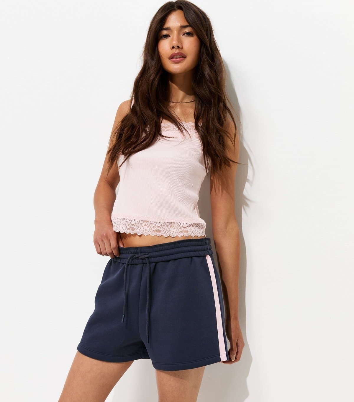 New Look Women's Blue Cotton Rich Fold Over Waistband Side Stripe Shorts New Look