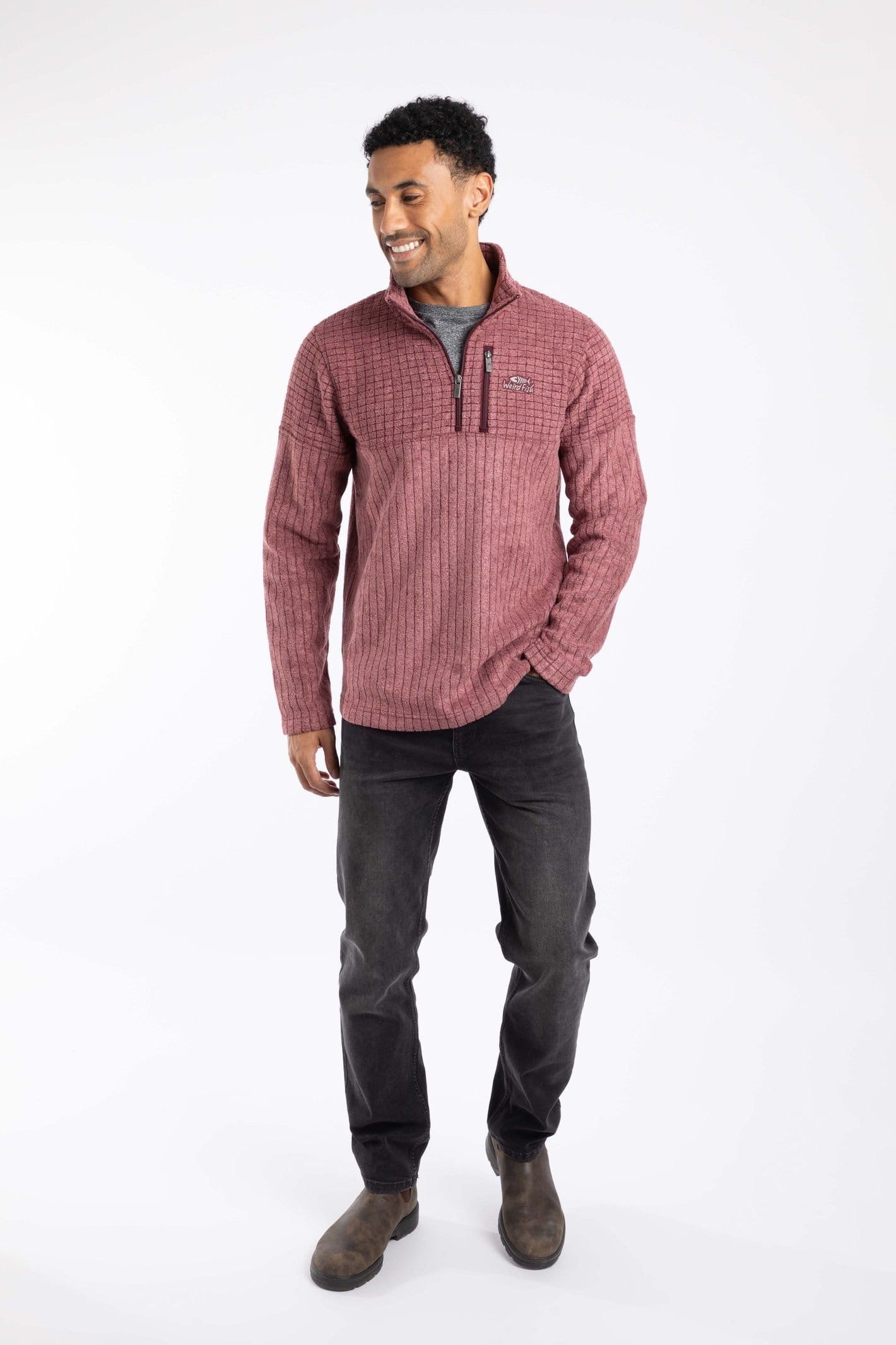 Weird Fish Weird Fish Men's Longmont 1/4 Zip Stripe Grid Fleece in Wine - 4