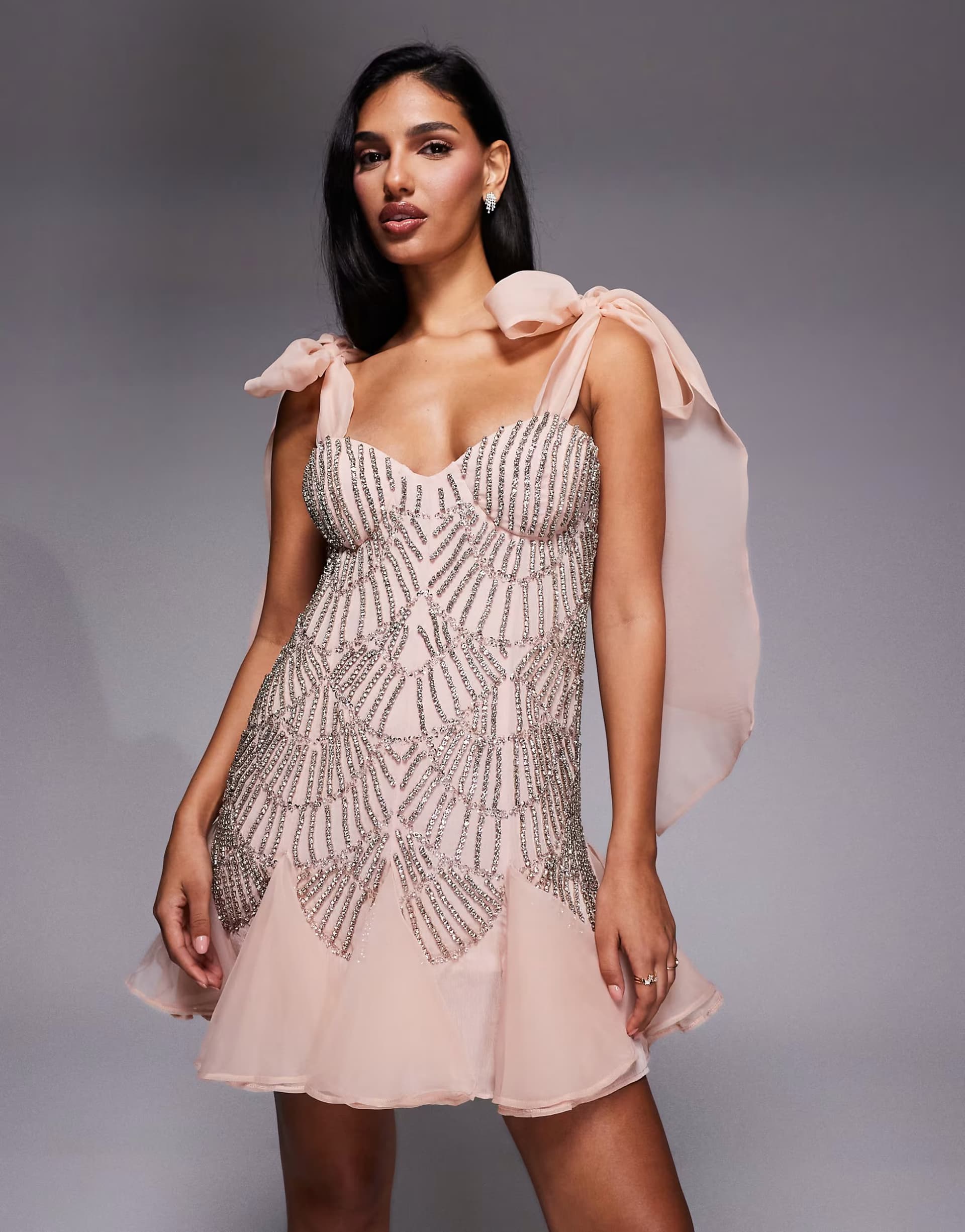 ASOS ASOS LUXE organza tie shoulder embellished mini dress in pink