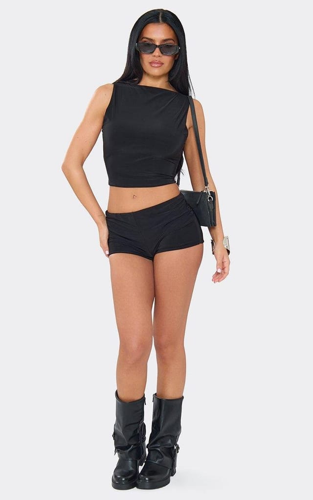 EGO Low Rise Mini Shorts In Black Slinky., Women's Size UK 14 - 2