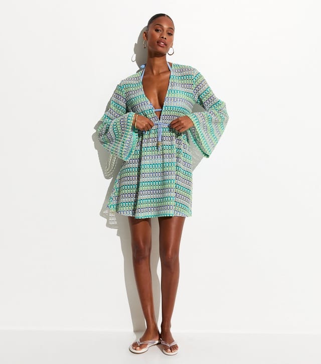 New Look Women's Blue Crochet Flared Sleeve Kaftan Beach Dress New Look - 3