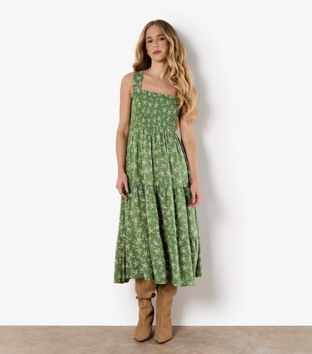 Apricot Women's Green Floral Print Tiered Midi Dress Apricot New Look - 2