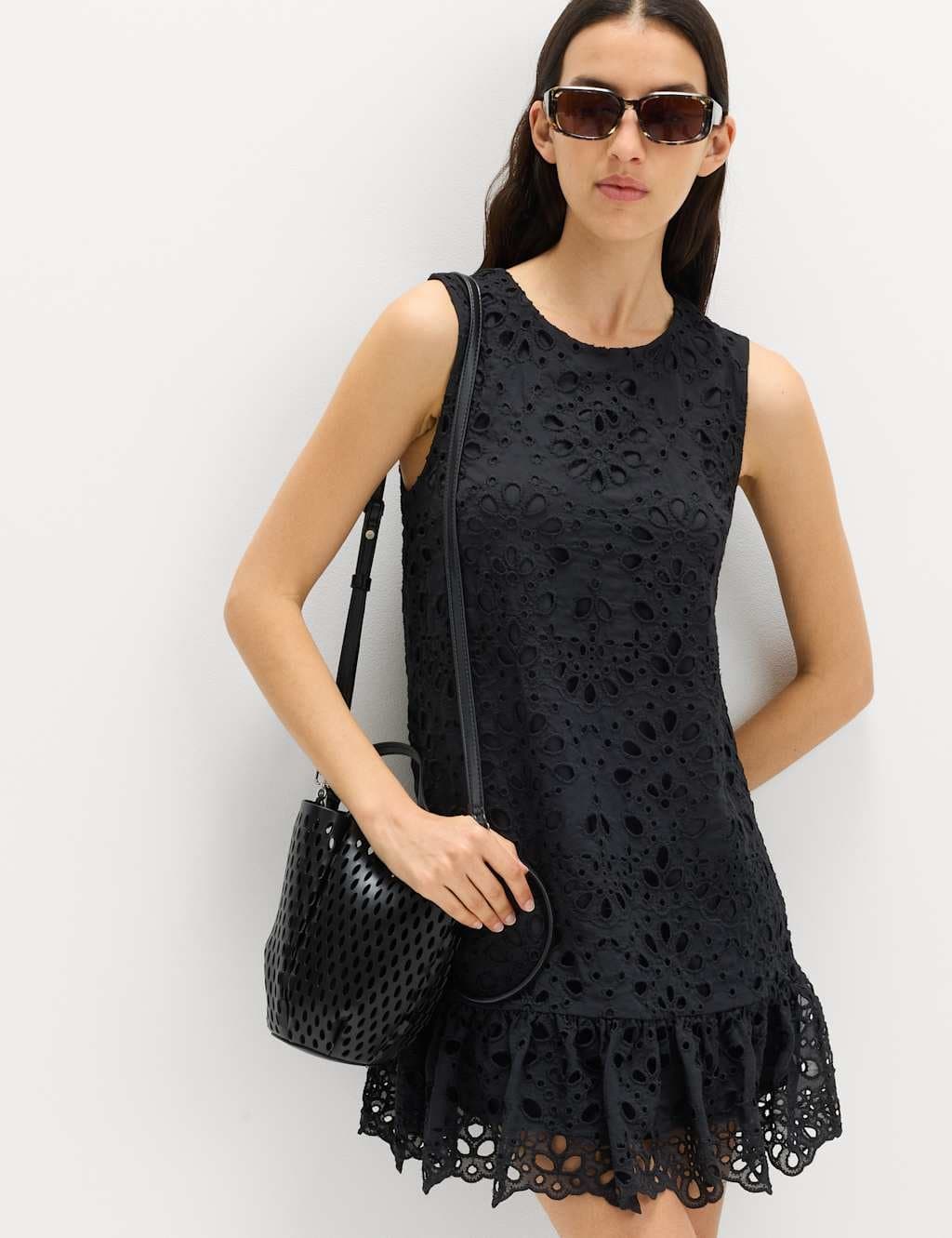 Marks & Spencer M&S Broderie Cutwork Detail Mini Shift Dress Black