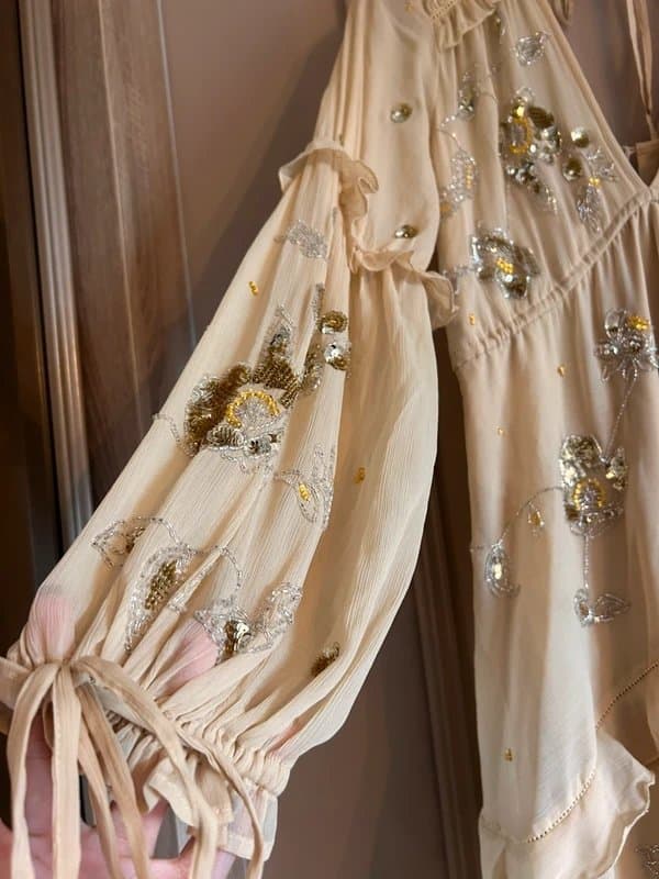 ASOS ASOS tiered frill embellished long sleeve dress in golden beige with built in slip