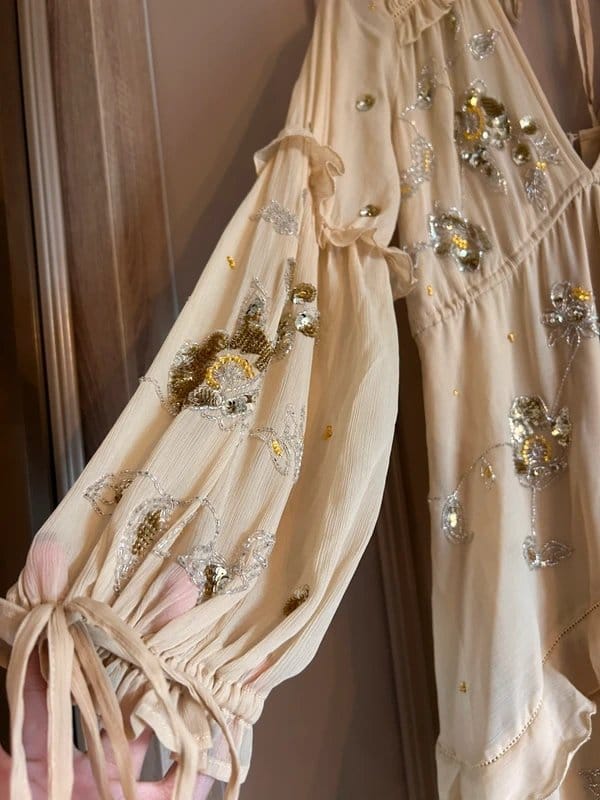 ASOS ASOS tiered frill embellished long sleeve dress in golden beige with built in slip - 1