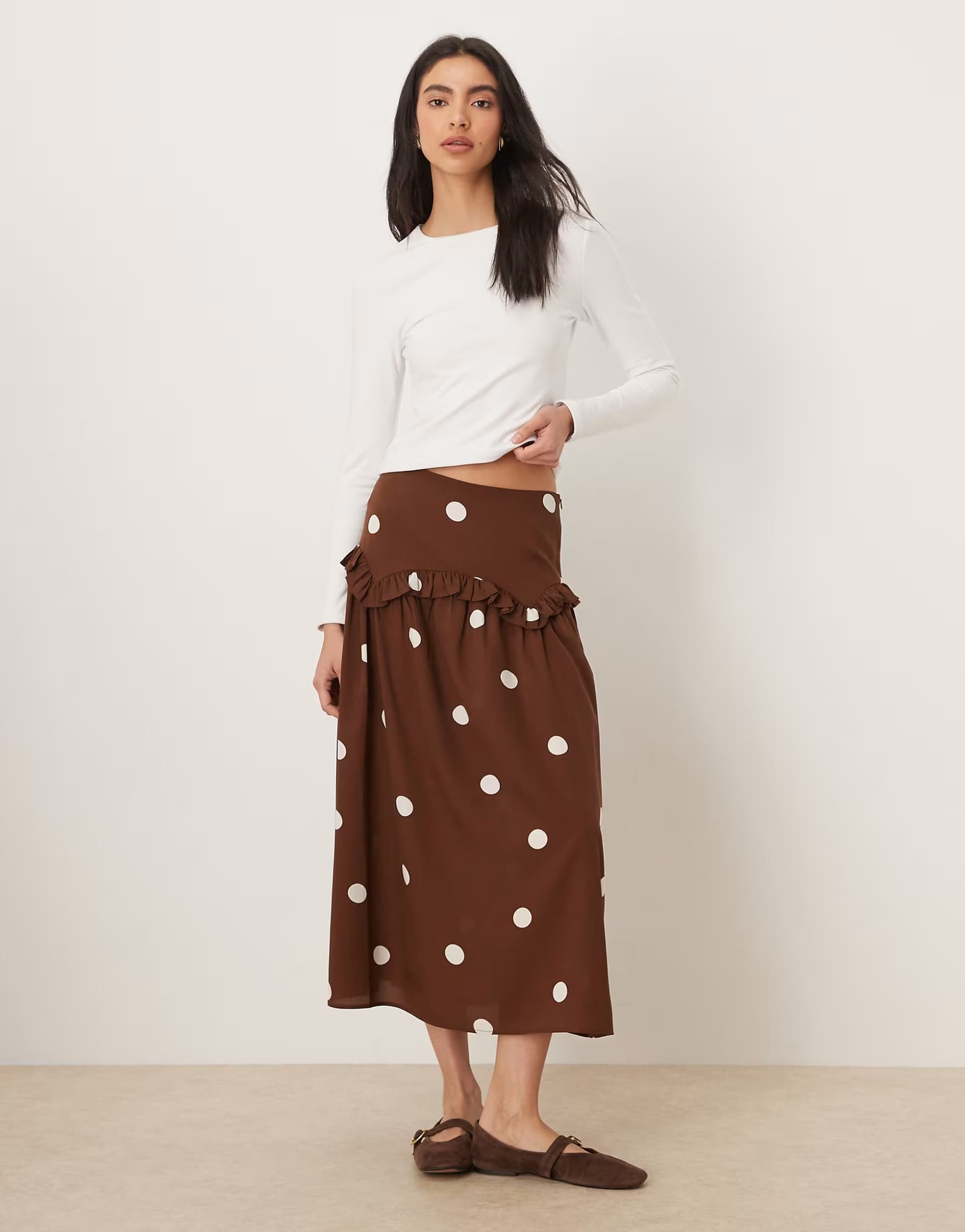 ASOS Wednesday's Girl ruffle midi skirt in brown polka dot