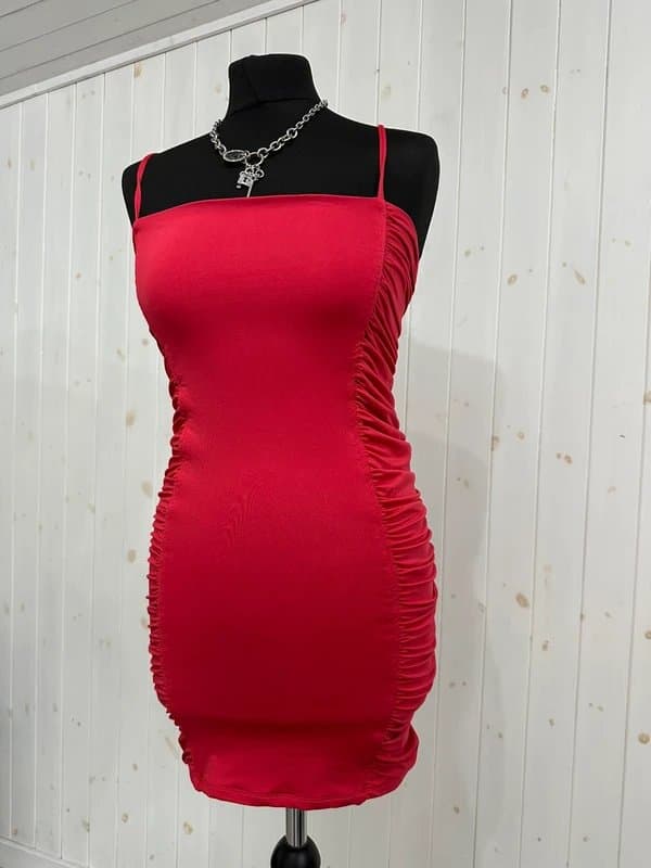 Oh Polly Oh Polly hot pink square neckline strappy bodycon ruched panel mini dress