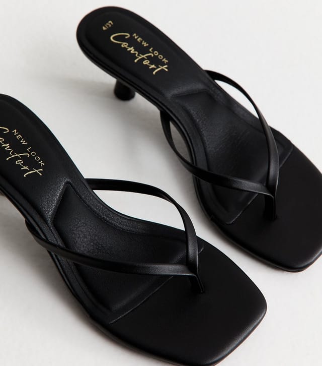 New Look Women's Black Faux Leather Toe Post Mules Vegan New Look - 3