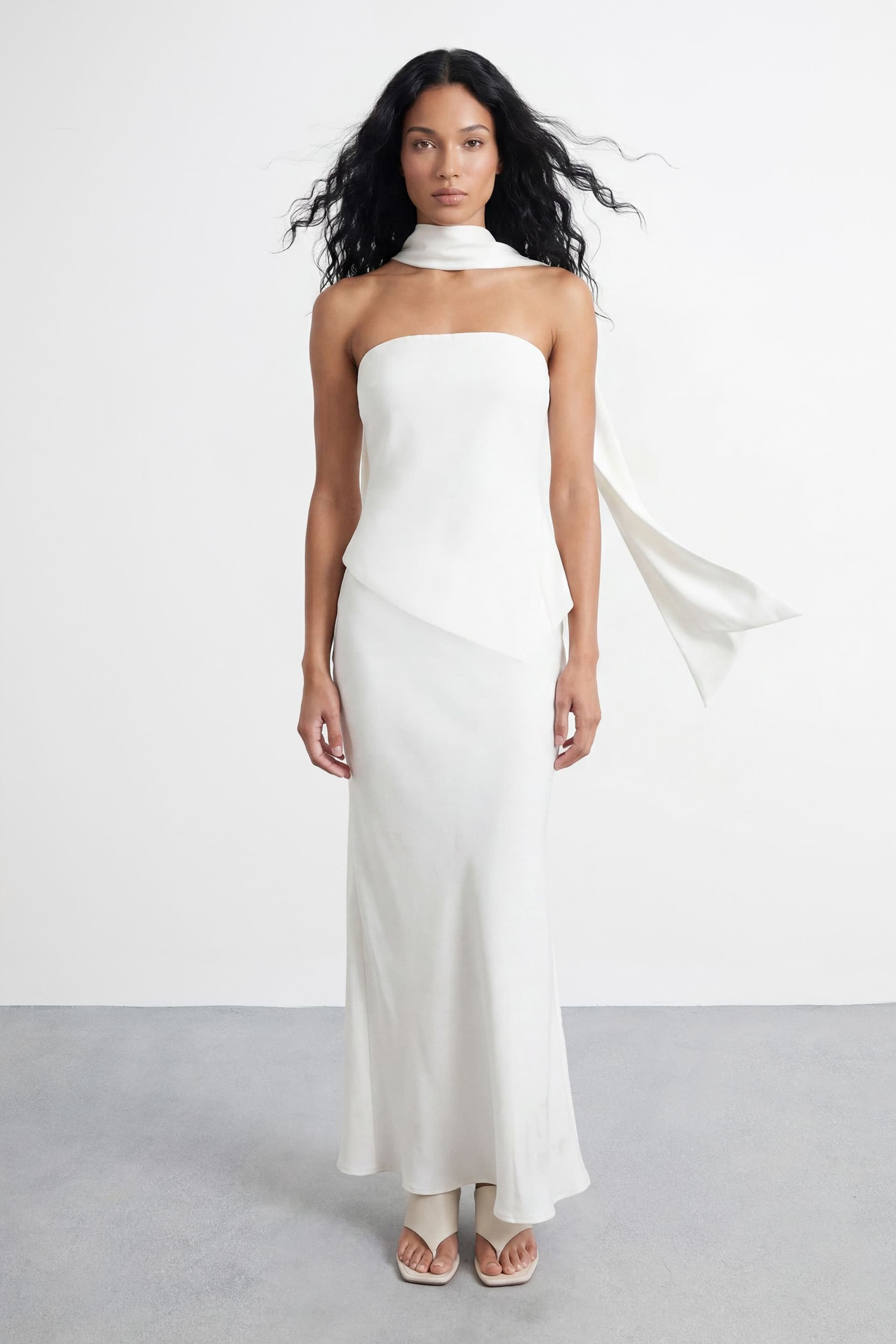 Warehouse Warehouse Women's Strapless Structured Bodice Satin Midi Dress in Ivory