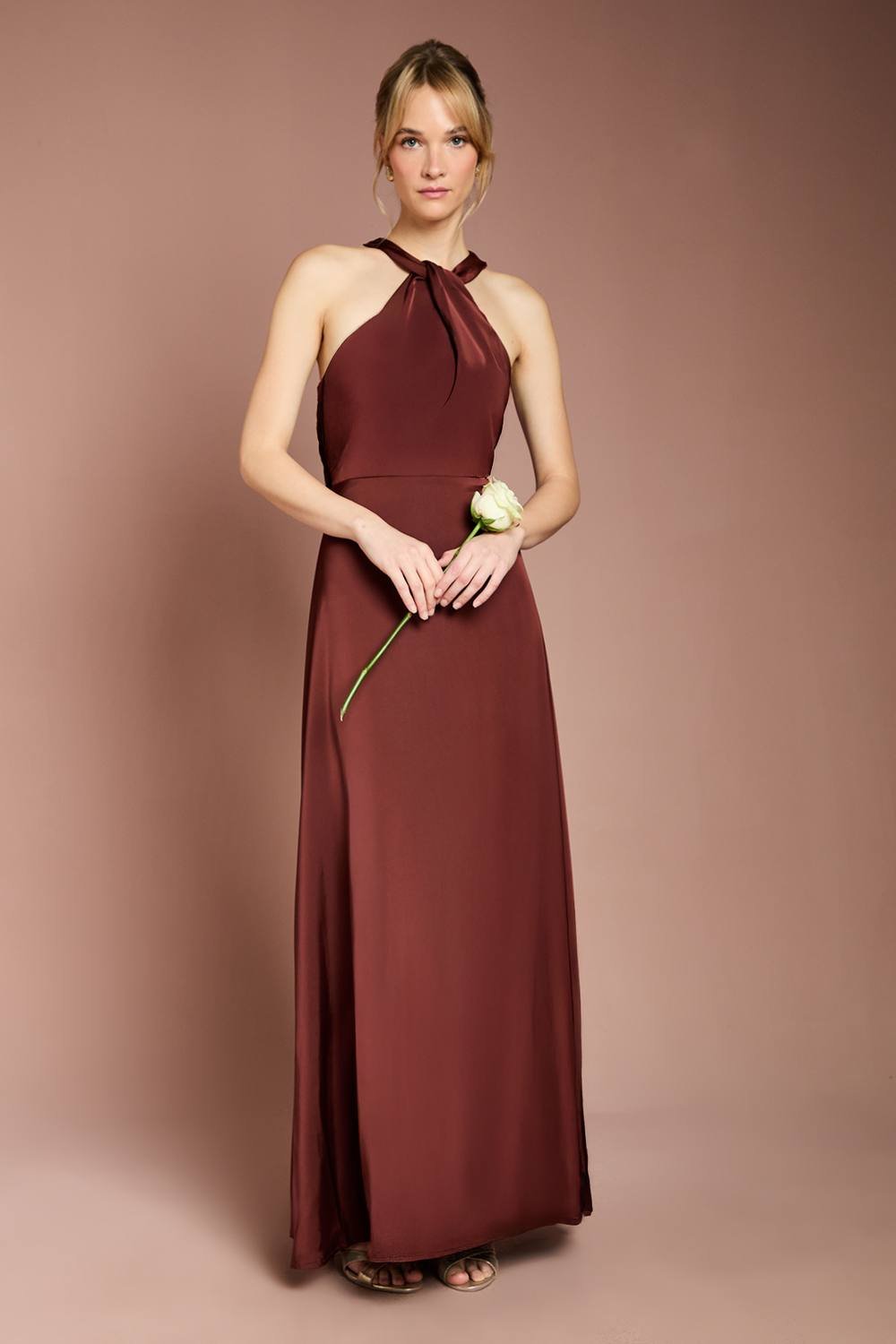 Coast Coast Women's Honoured Twist Halterneck Satin Maxi Bridesmaid Dress in Dusty Rose - 2