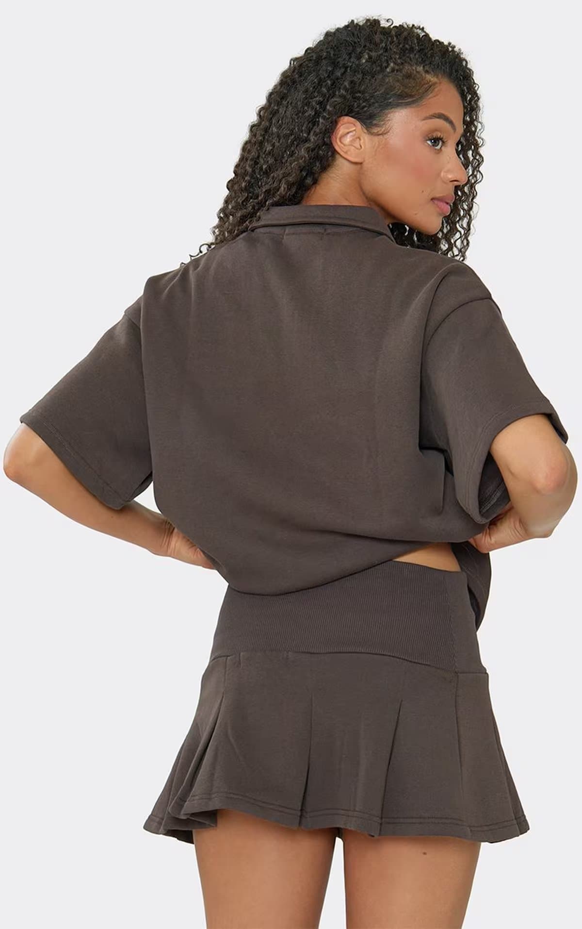 EGO Ribbed Waistband Detail Pleated Mini Sweat Skirt In Chocolate Brown, Women's Size UK 6
