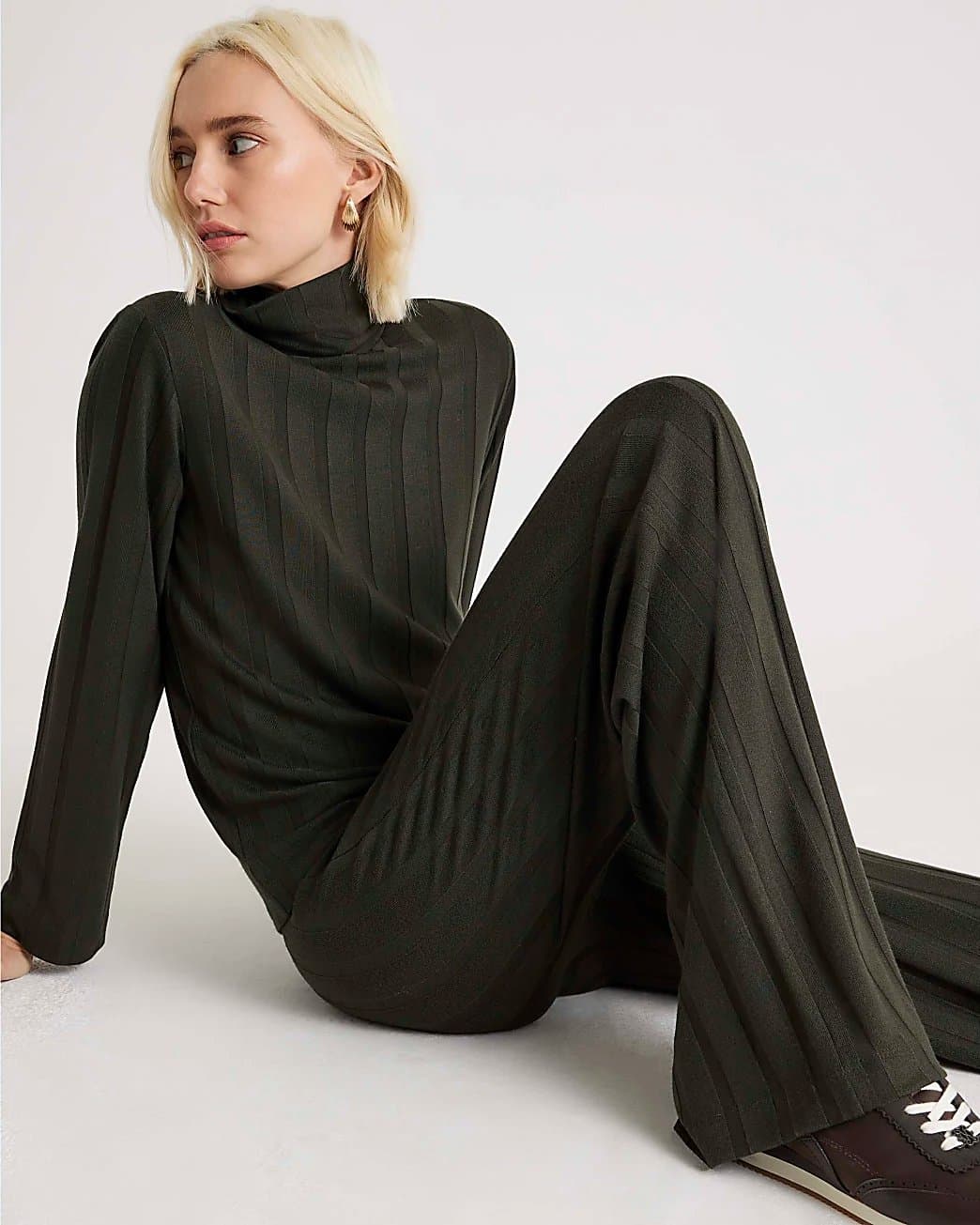 River Island River Island Womens Green Cosy Wide Ribbed Trousers