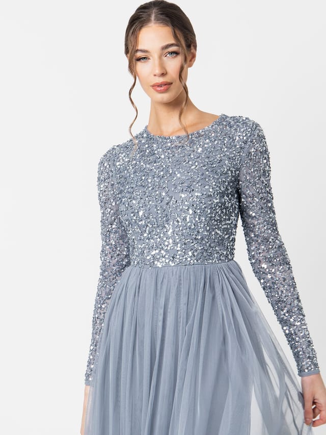 Maya Deluxe Maya Deluxe Women's Embellished Long Sleeve Maxi Dress in Blue - 2