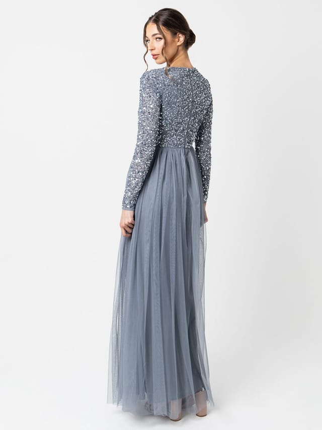 Maya Deluxe Maya Deluxe Women's Embellished Long Sleeve Maxi Dress in Blue - 3