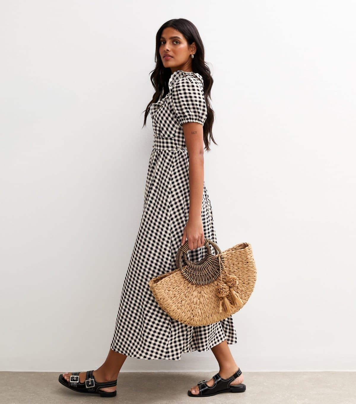 New Look Women's Black Gingham Print Ruffle Trim Button Detail Tea Dress New Look