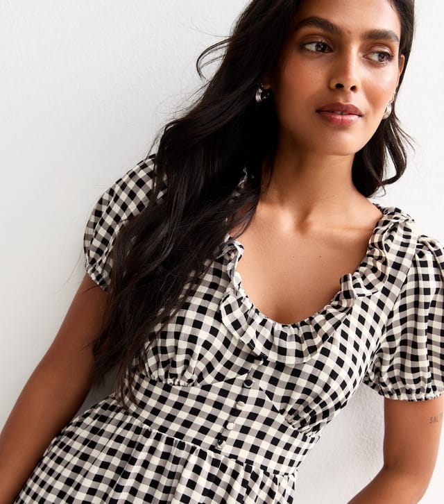 New Look Women's Black Gingham Print Ruffle Trim Button Detail Tea Dress New Look - 2