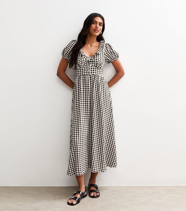 New Look Women's Black Gingham Print Ruffle Trim Button Detail Tea Dress New Look - 3