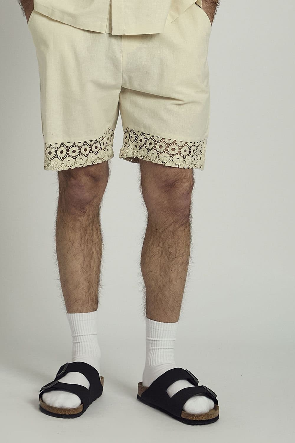 Native Youth Native Youth Men's Cotton Linen Blend Crochet Panel Elasticated Shorts in Natural