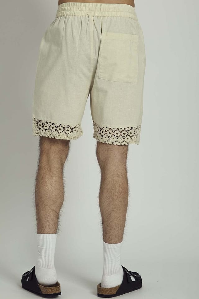 Native Youth Native Youth Men's Cotton Linen Blend Crochet Panel Elasticated Shorts in Natural - 2
