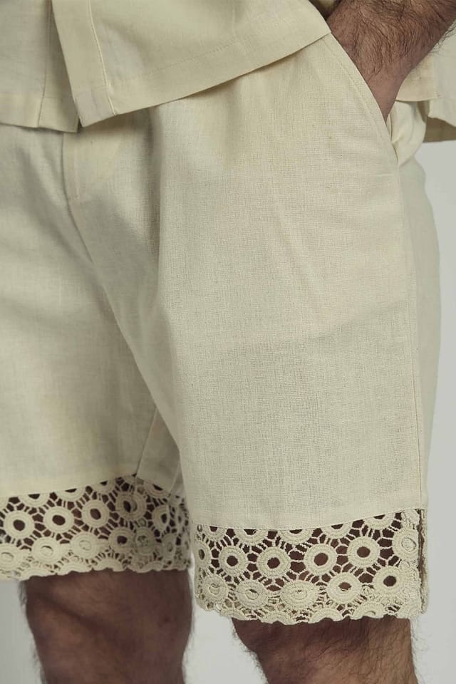 Native Youth Native Youth Men's Cotton Linen Blend Crochet Panel Elasticated Shorts in Natural - 3