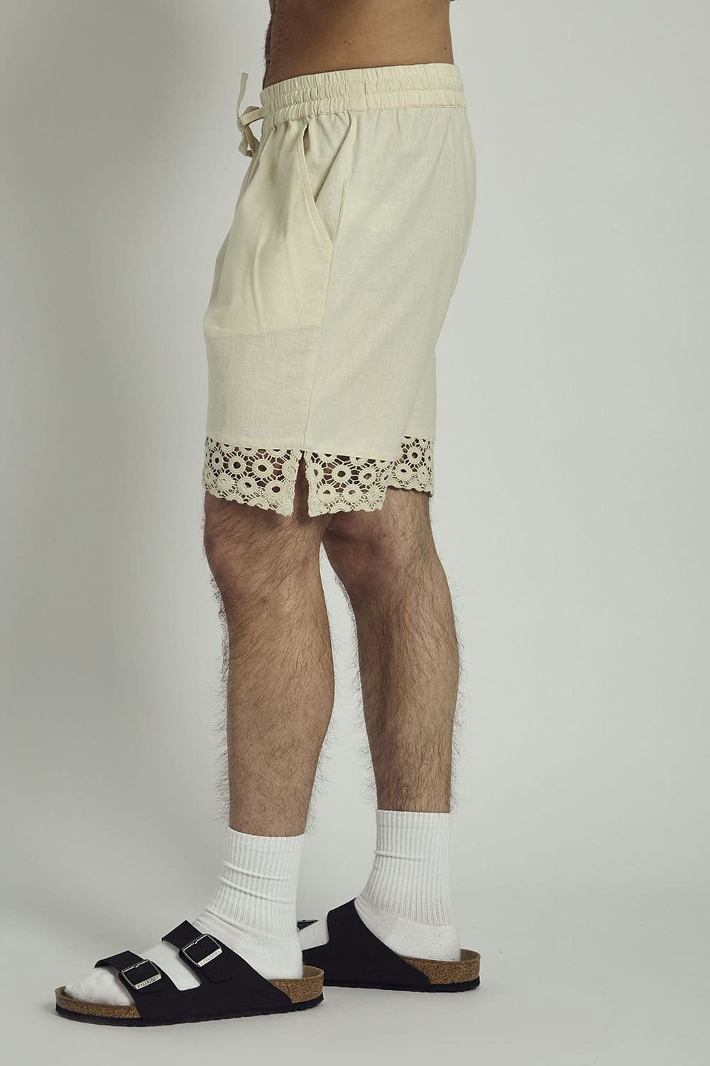 Native Youth Native Youth Men's Cotton Linen Blend Crochet Panel Elasticated Shorts in Natural - 4