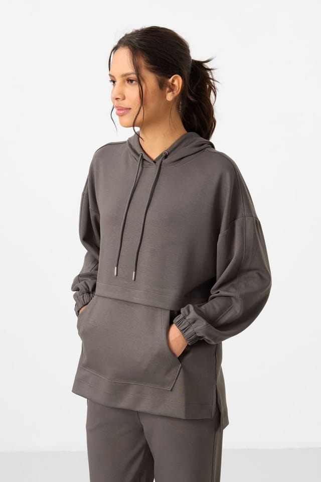 Tommy Life Tommy Life Women's Oversized Hooded Sweatshirt & Wide-Leg Pants Set in Charcoal - 3