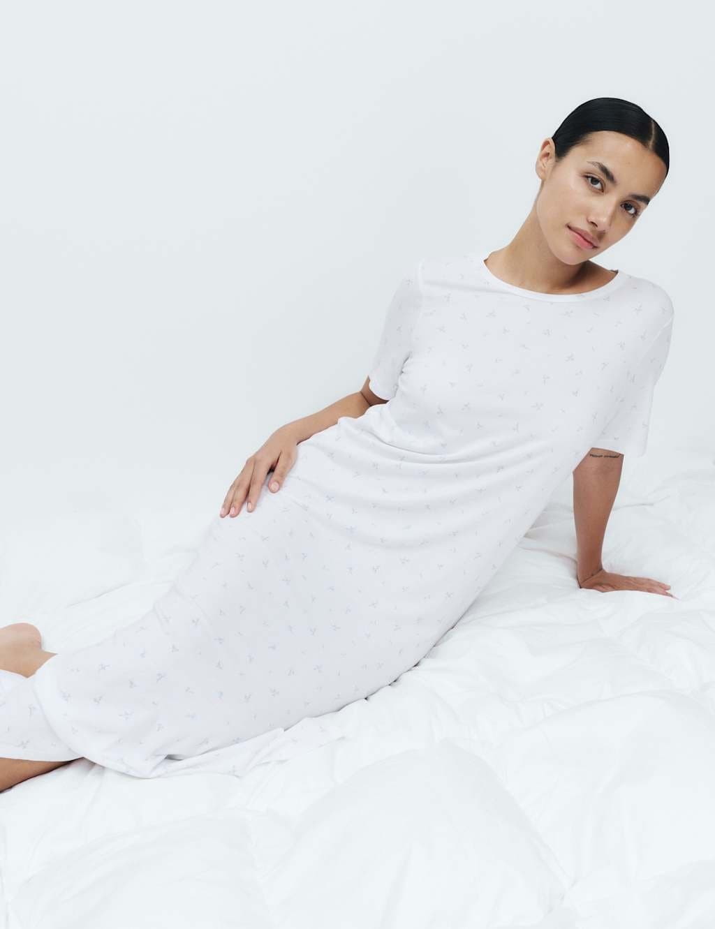 Marks & Spencer M&S Cotton Modal Printed Long Nightdress White Mix