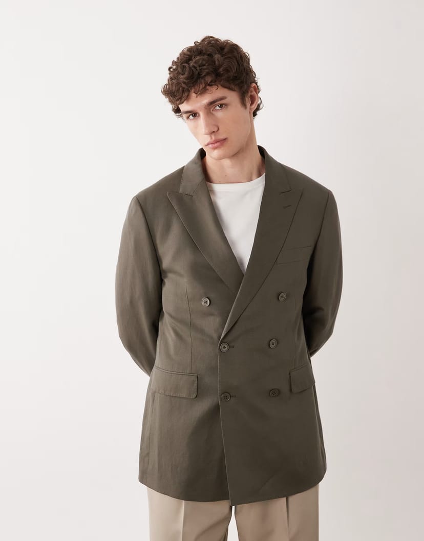 ASOS Mango Amalfic linen blend double breasted tailored blazer in green - 1