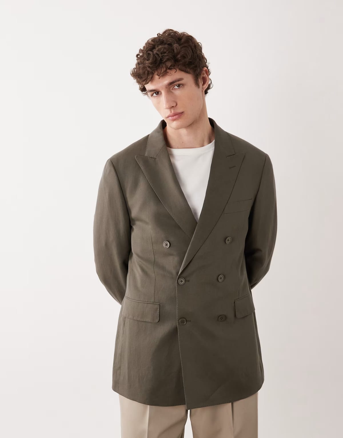 ASOS Mango Amalfic linen blend double breasted tailored blazer in green - 1