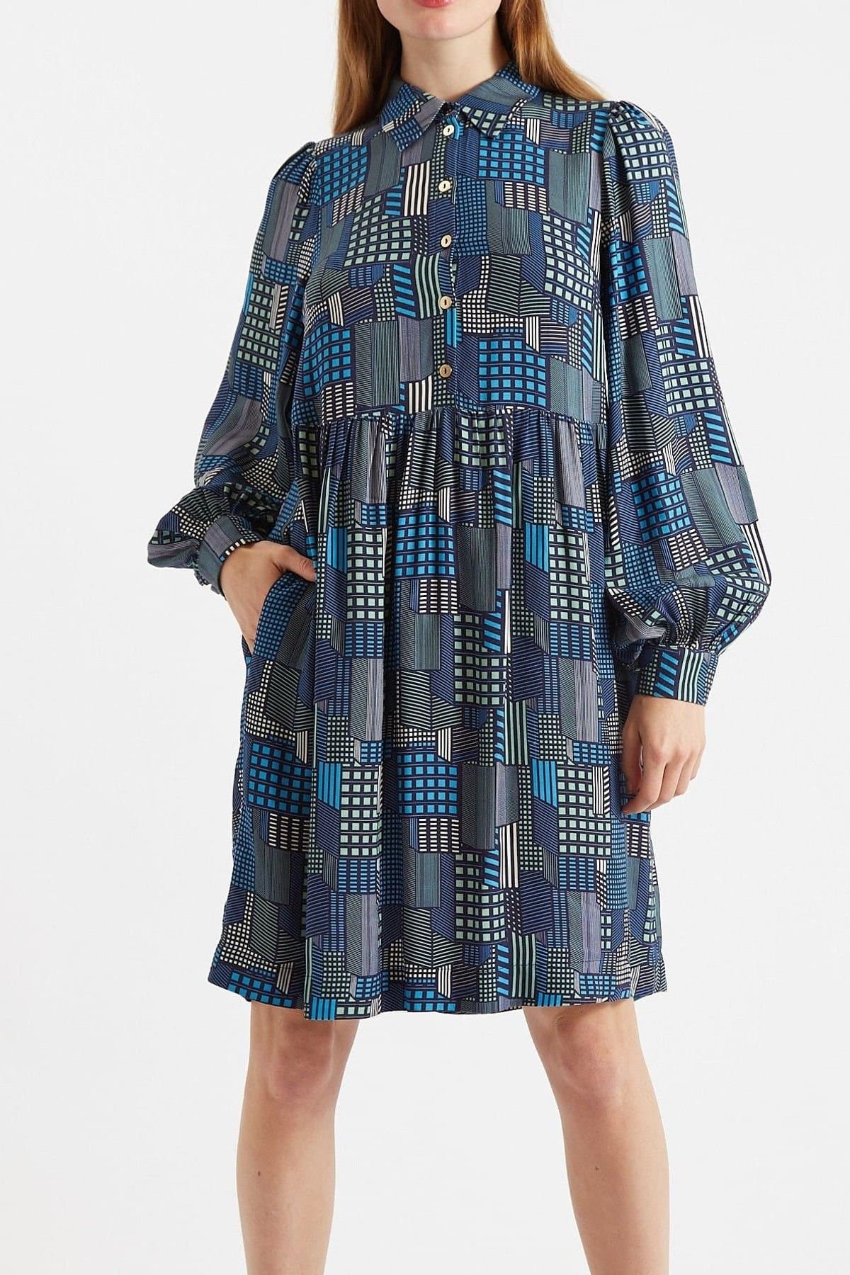 Louche Louche Women's Melly Geo City Print Mini Shirt Dress in Blue