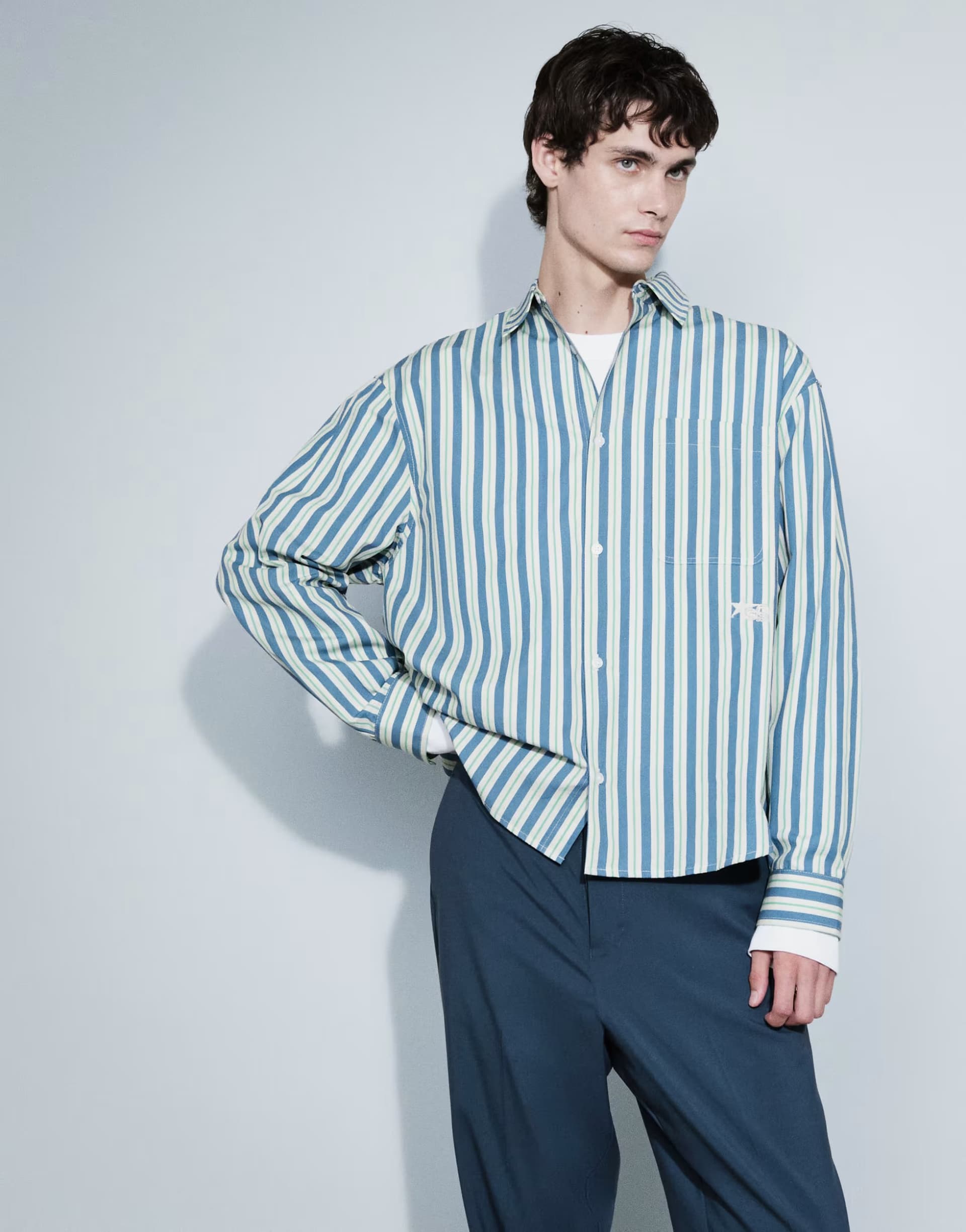 ASOS ASOS DESIGN oversized poplin stripe shirt with chest embroidery in blue