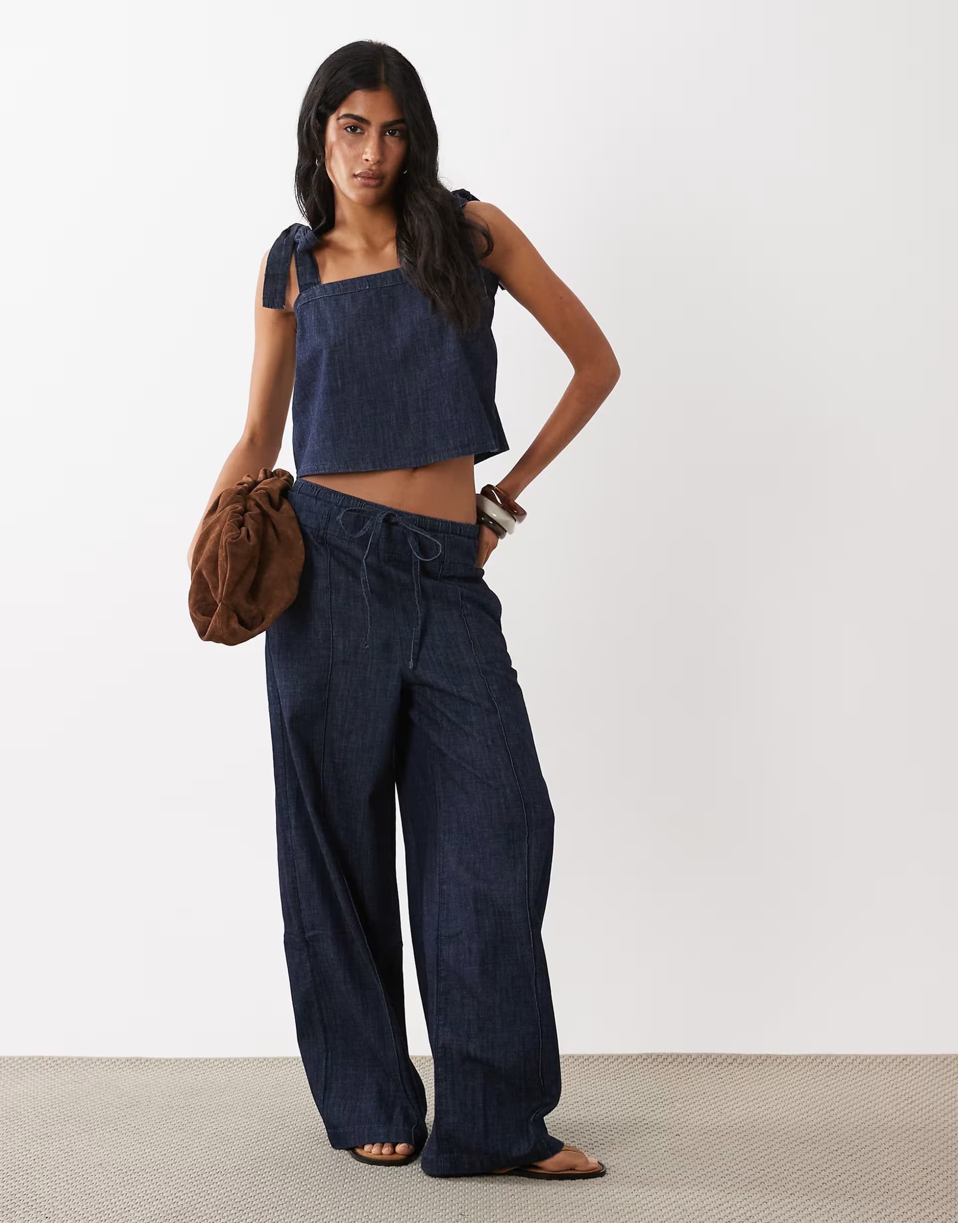 ASOS Mango Calonge square neck denim tie detail cami top & trouser co-ord in indigo