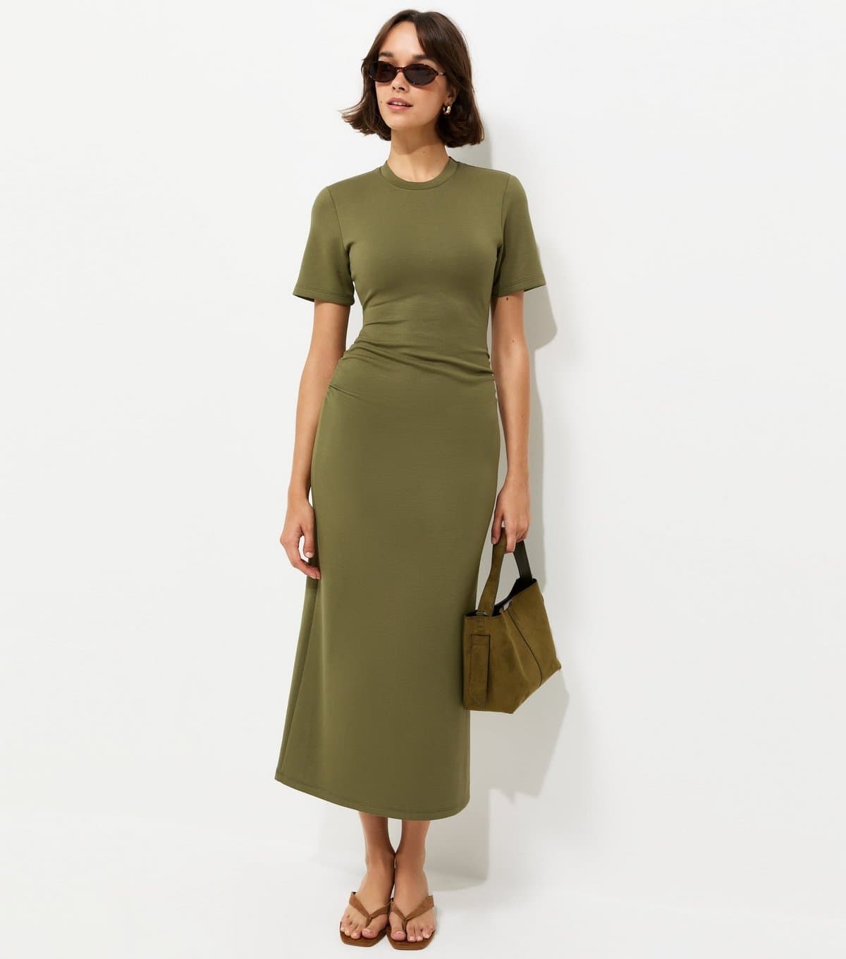New Look Women's Dark Khaki Ruched Side Short Sleeve Midi Dress New Look