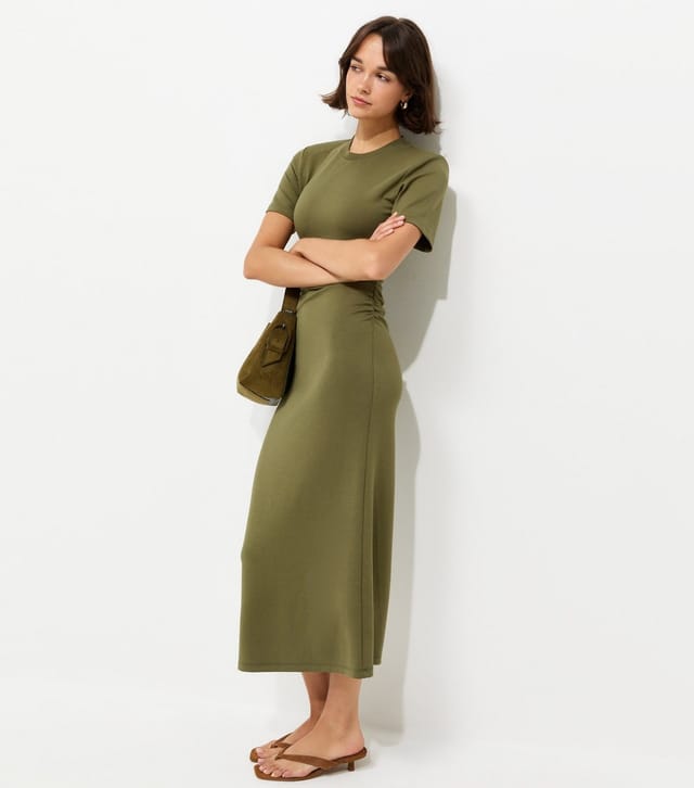 New Look Women's Dark Khaki Ruched Side Short Sleeve Midi Dress New Look - 3