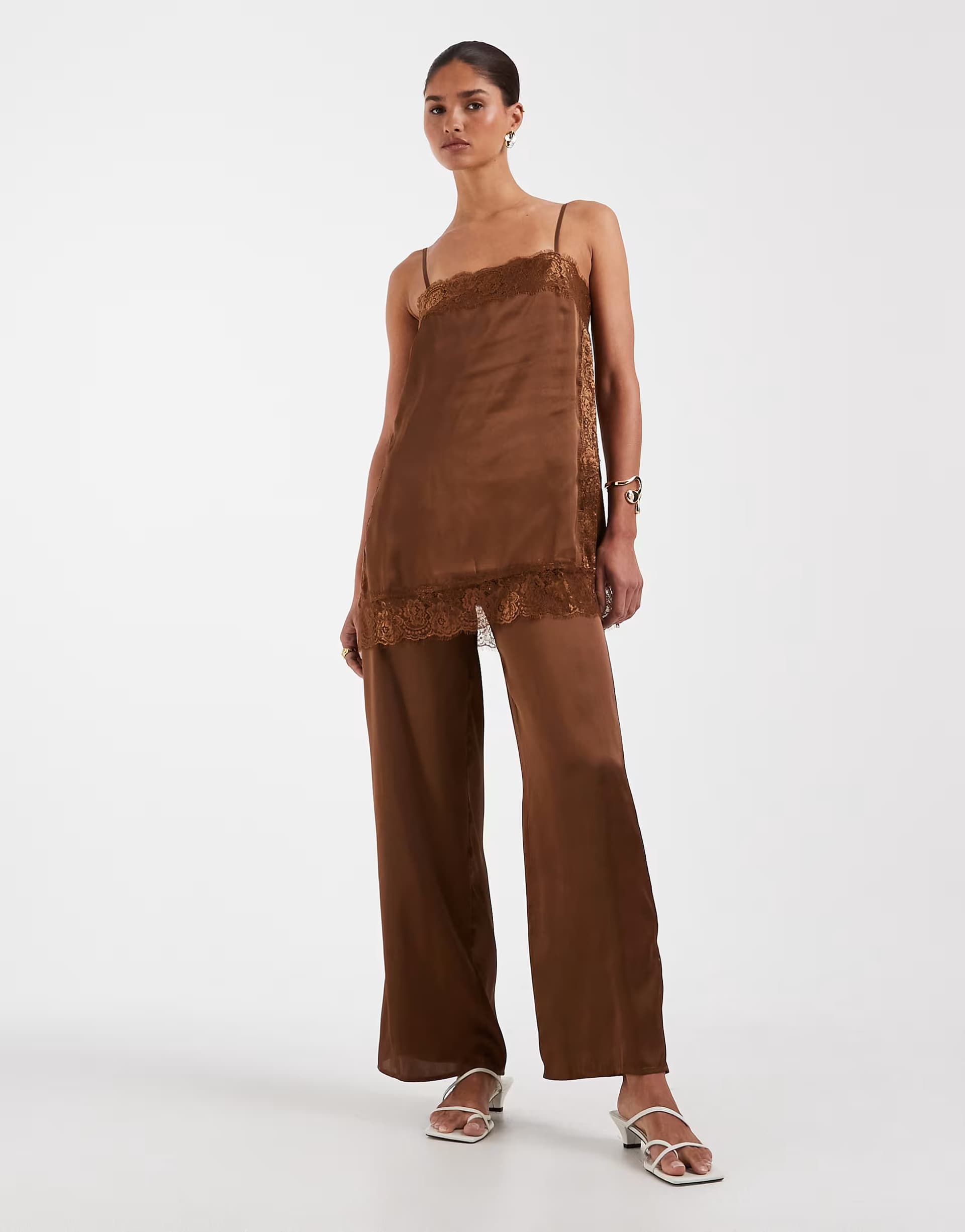 ASOS ASOS DESIGN satin lace cami jumpsuit in brown