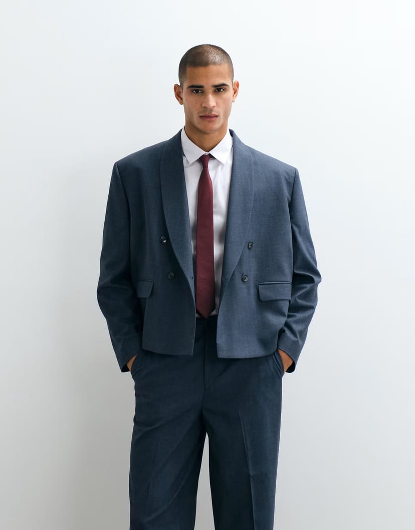 ASOS ASOS DESIGN double breasted boxy shawl wrap suit jacket in blue herringbone - 1