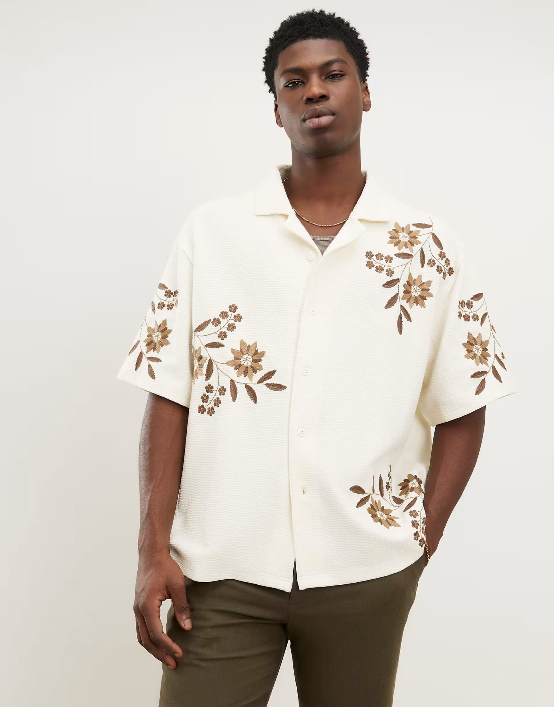 ASOS River Island White regular fit floral textured shirt in ecru