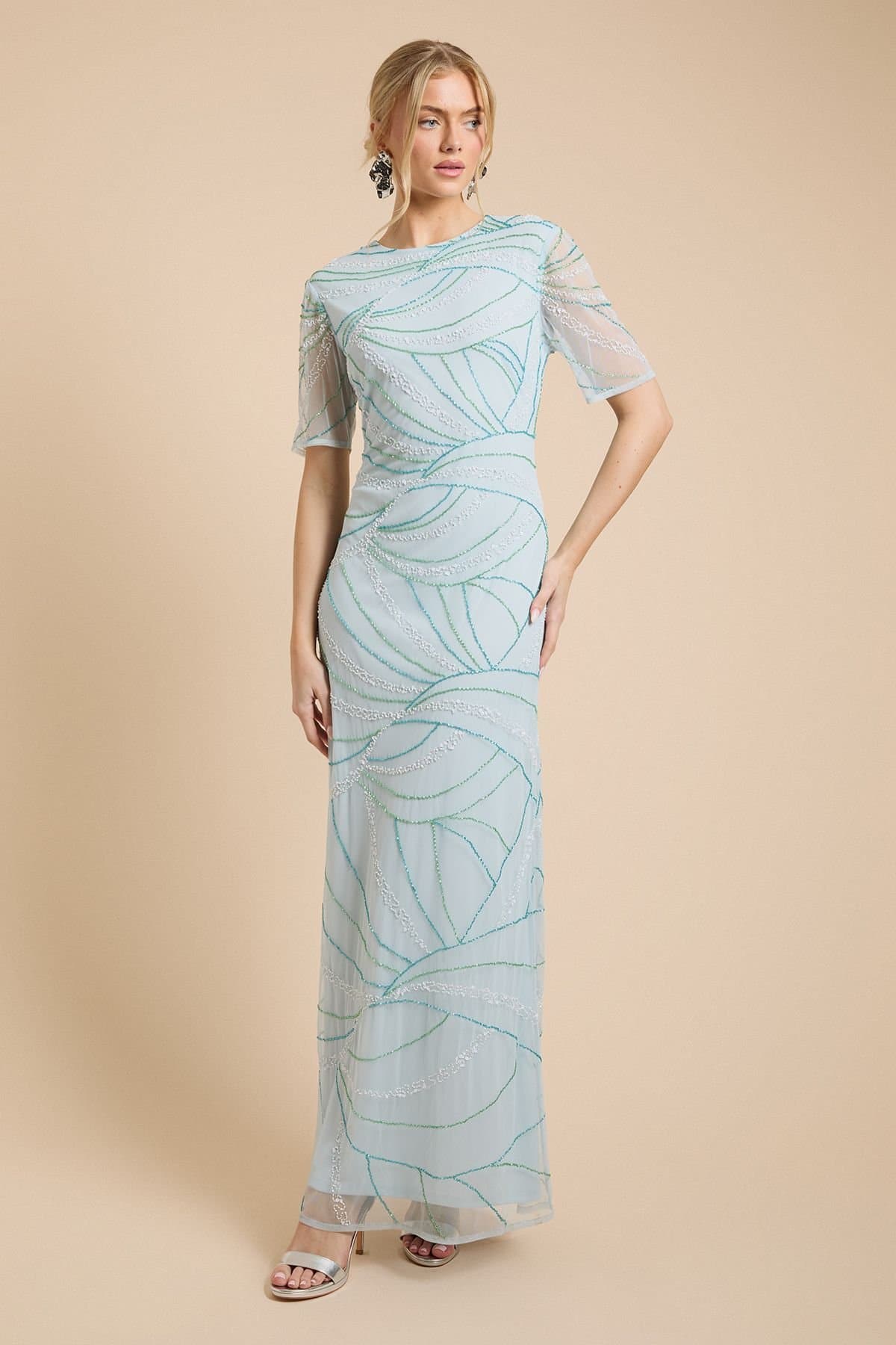 Oasis Oasis Women's Linear Embellished Angel Sleeve Maxi Dress in Blue