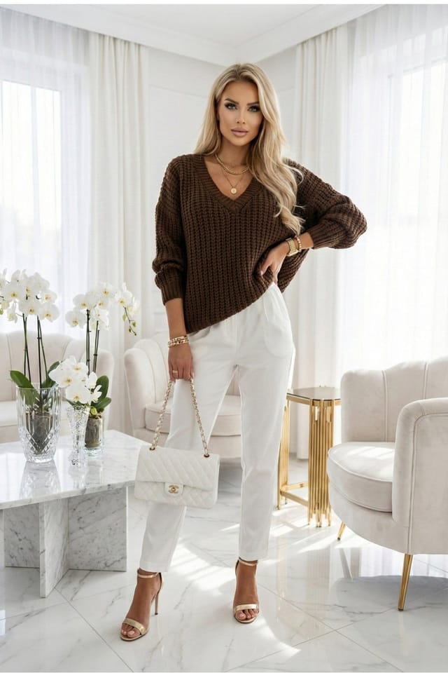 Love Lace Love Lace Women's Basic V Neck Sweater in Chocolate Brown - 2