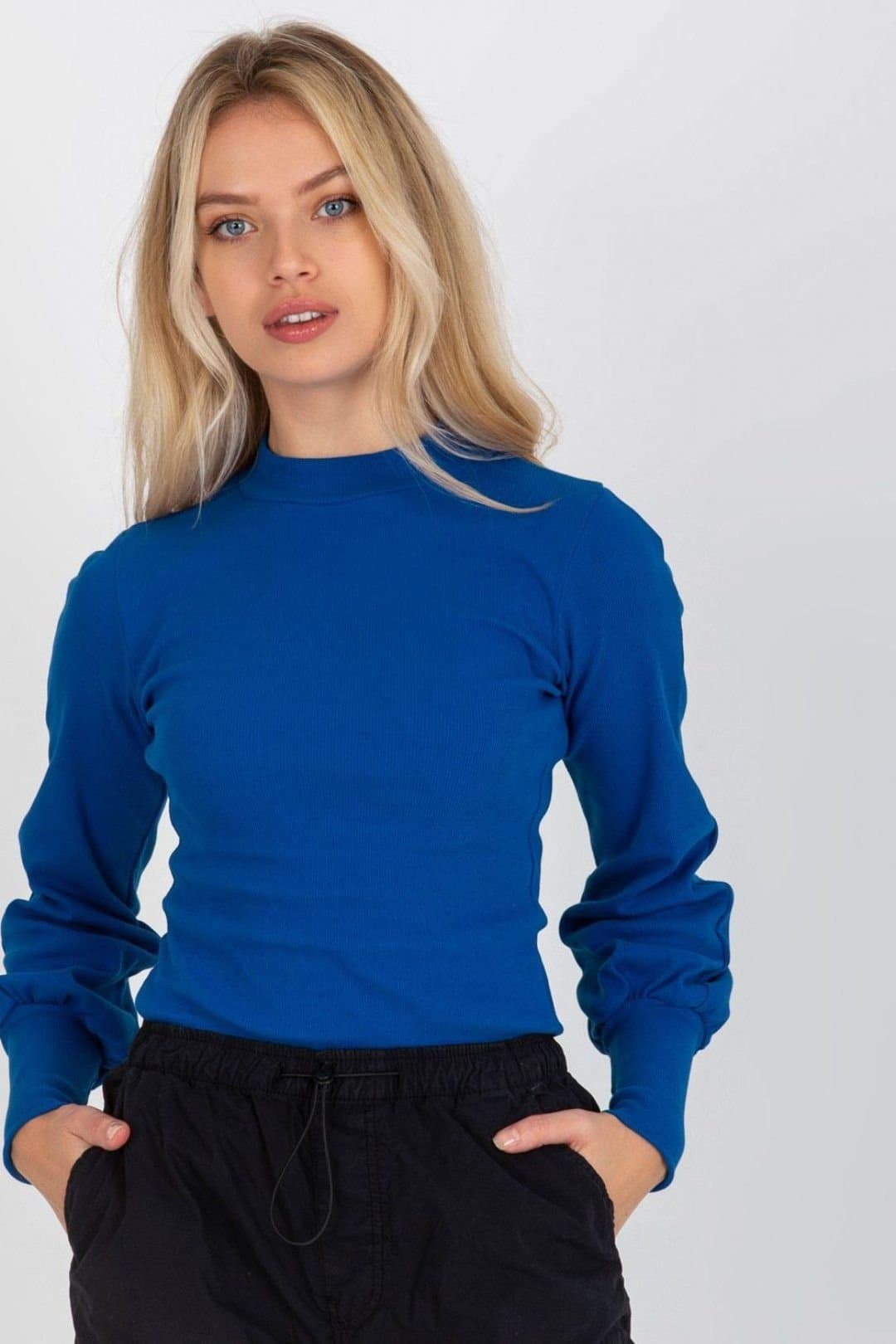 Love Lace Love Lace Women's Ribbed Long Sleeve Blouse With Wide Cuffs Style 174730 in Blue