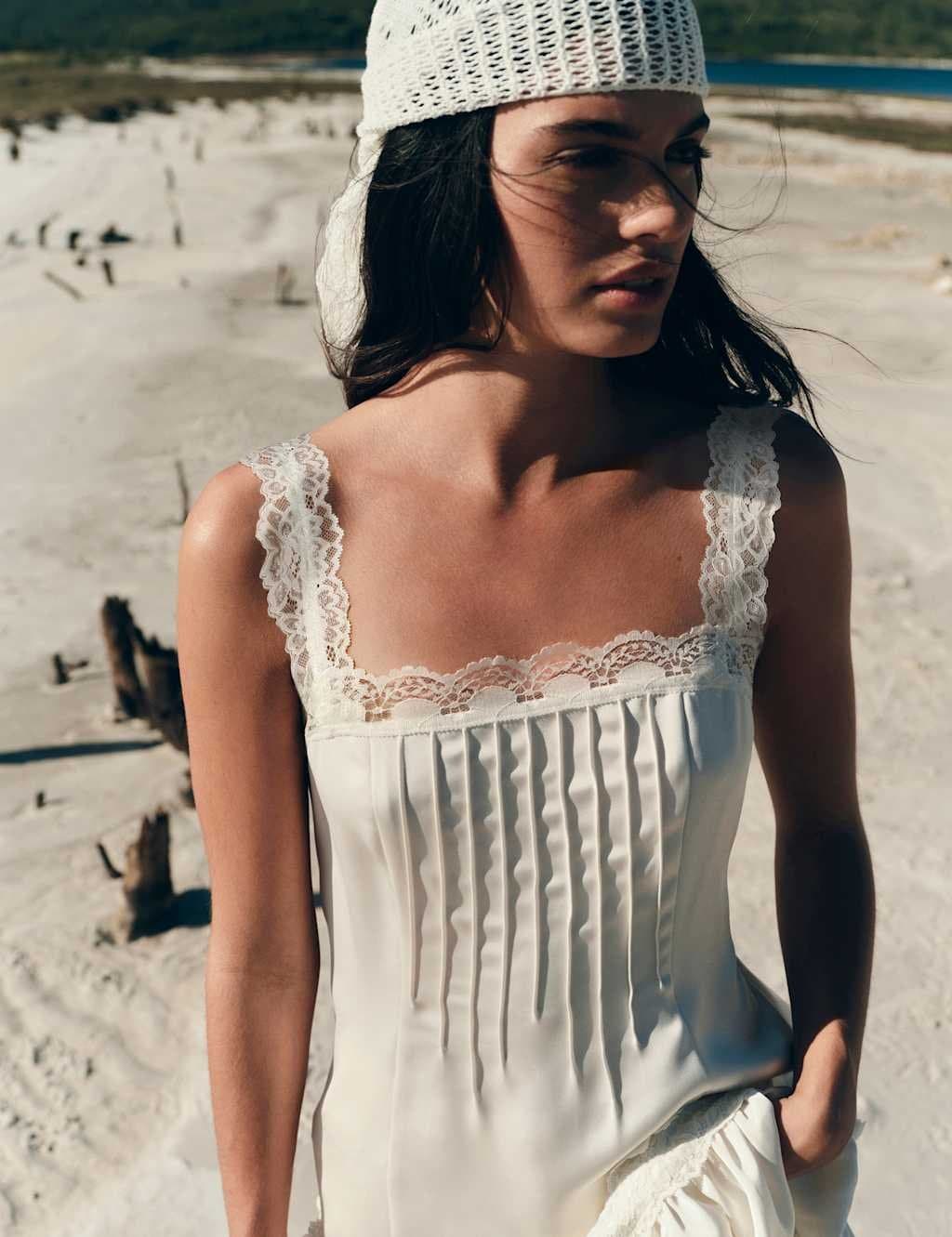 Marks & Spencer M&S Satin Lace Insert Mini Skater Dress Ivory