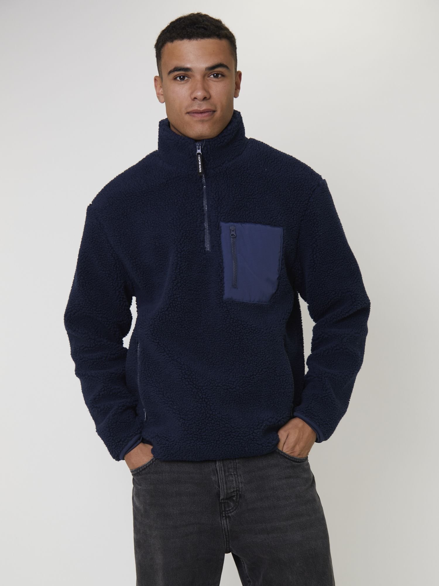 South Beach South Beach Men's Fleece Borg 1/4 Zip Jacket in Navy - 2