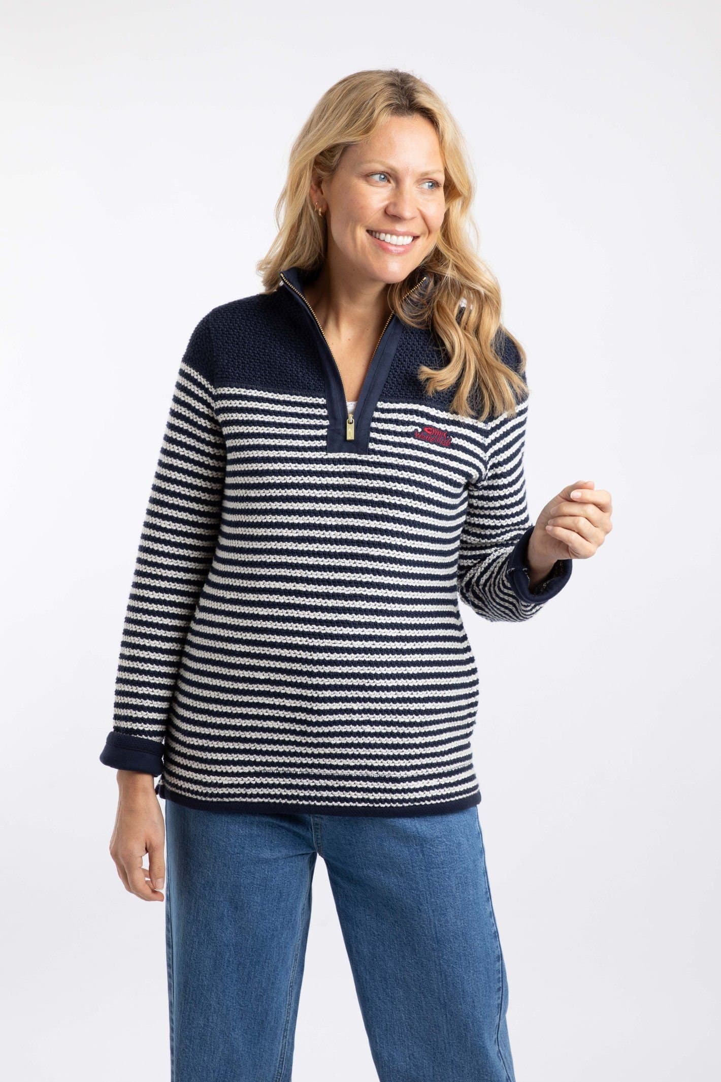 Weird Fish Weird Fish Women's Ember 1/4 Zip Striped Macaroni Sweatshirt Gold Edition in Navy